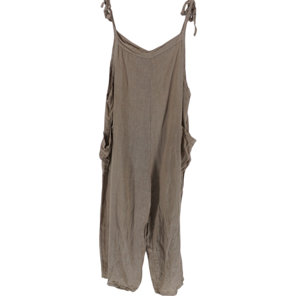 Meo Meli Italy Womens 100% Linen Tie Strap Wide Leg Jumpsuit Taupe Brown 876